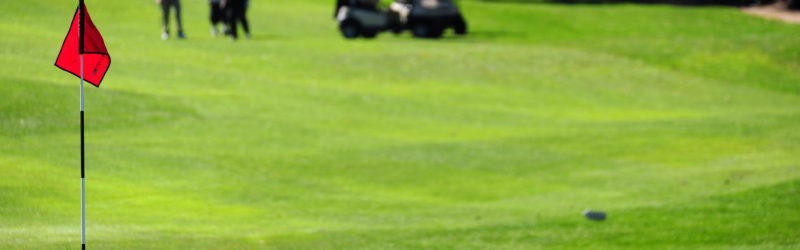 golf green with flag and hole in foreground and golfers in the background